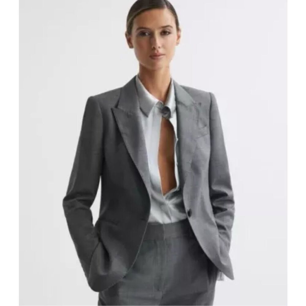 REISS Gray Blazer Jacket One Button Single Women's Size 6 Wool Blend Neutral‎